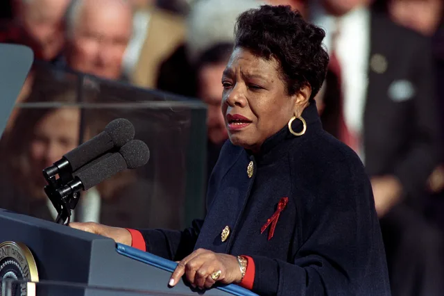 Poet Maya Angelou stands at the podium on the inaugural stage reciting her poem entitled "On the Pulse of Morning" during President Clinton's first inauguration. Photographer: Sharon Farmer. Rhetorical devices about life: which ones earn their place