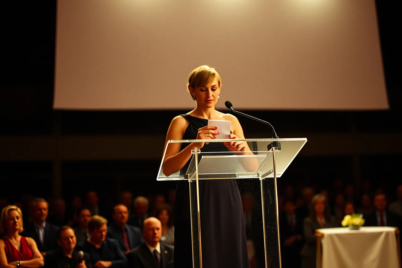 Award winner at a lectern, hands shaking, squinting into the dark audience (Why award speeches are shaped by adrenaline and a ticking clock)
