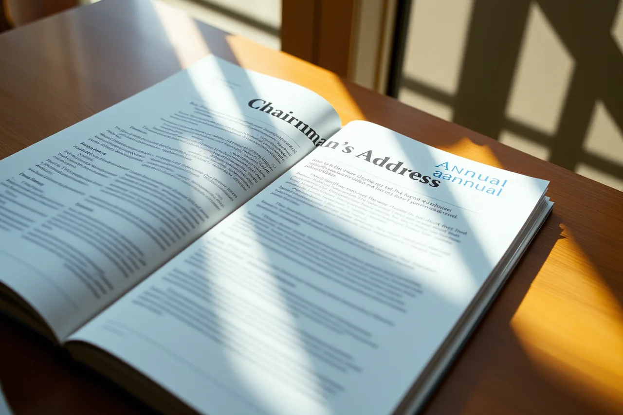 Open annual report showing a printed chairman's address page (5 lessons worth learning about business speeches by decade)