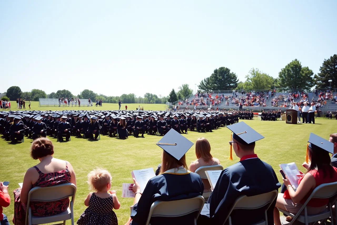 Graduates in folding chairs outdoors in bright sun at commencement (Why commencement speeches face the worst listening conditions)