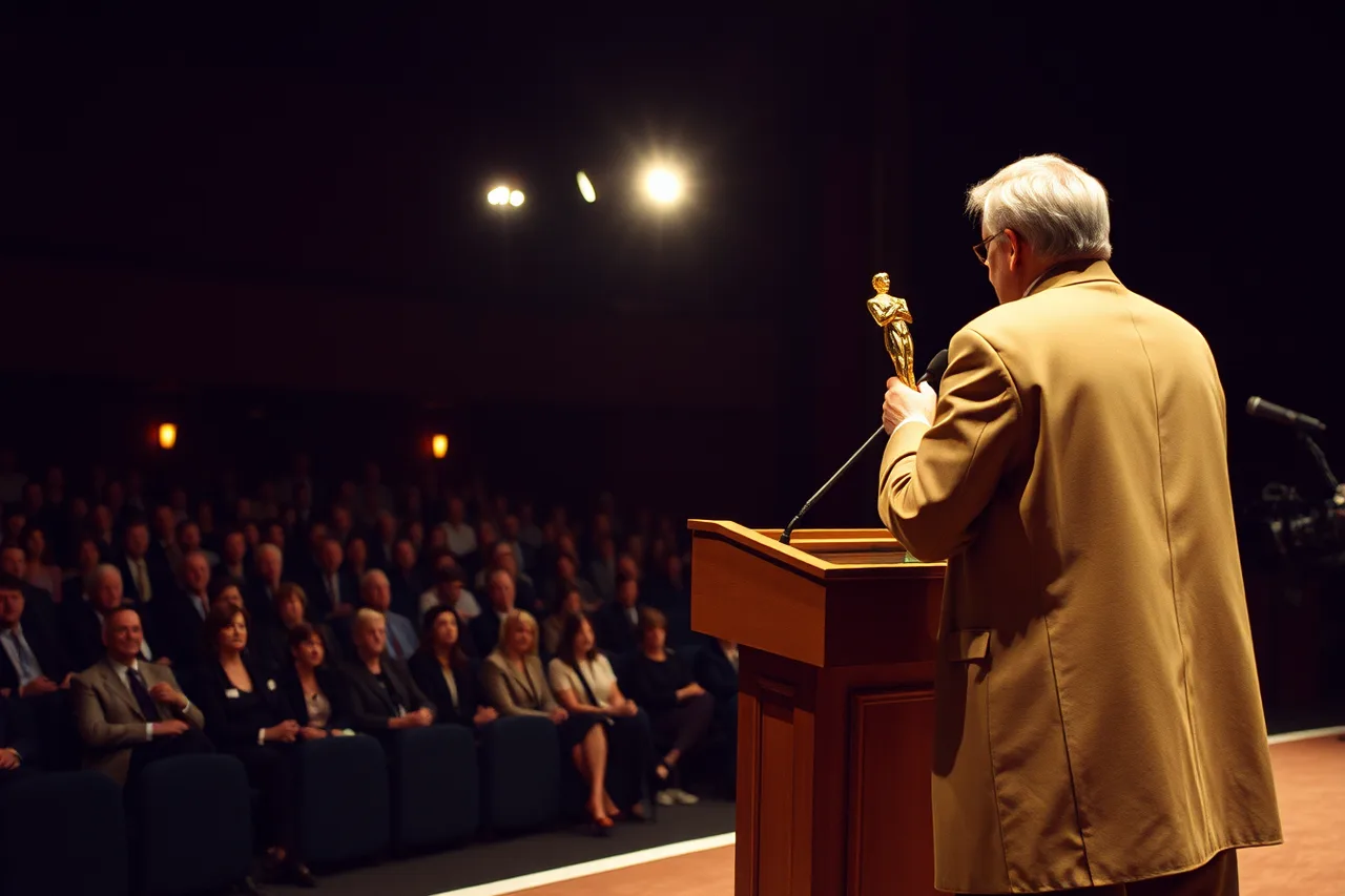Speaker at podium holding award on theater stage (Award speech season in Los Angeles and how speeches get archived)