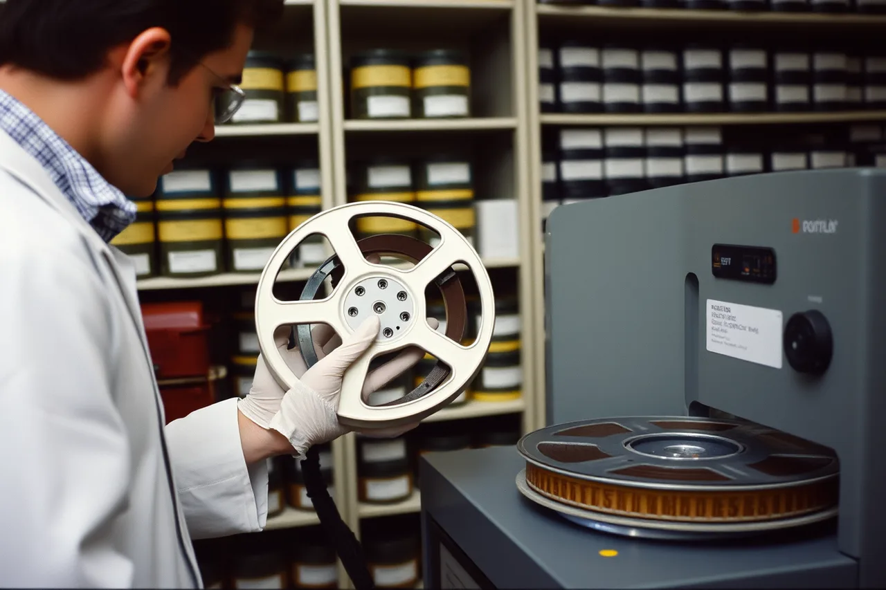 Archivist inspecting ceremony tape at film transfer machine (Award speech season in Los Angeles and how speeches get archived)