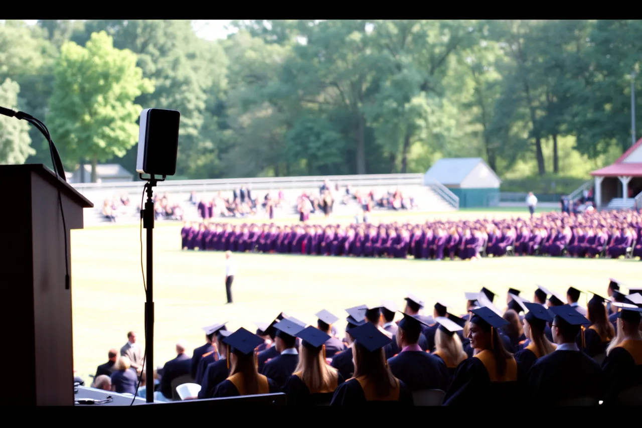 Outdoor graduation stage with lectern, microphone and pole loudspeaker (Short commencement speeches: the complete list, checked)